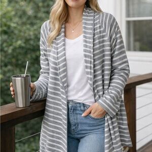 L.L. Bean Women's Gray Striped 100% cotton comfy Cardigan